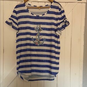 One World Women’s Large Blue Striped Anchor Top
